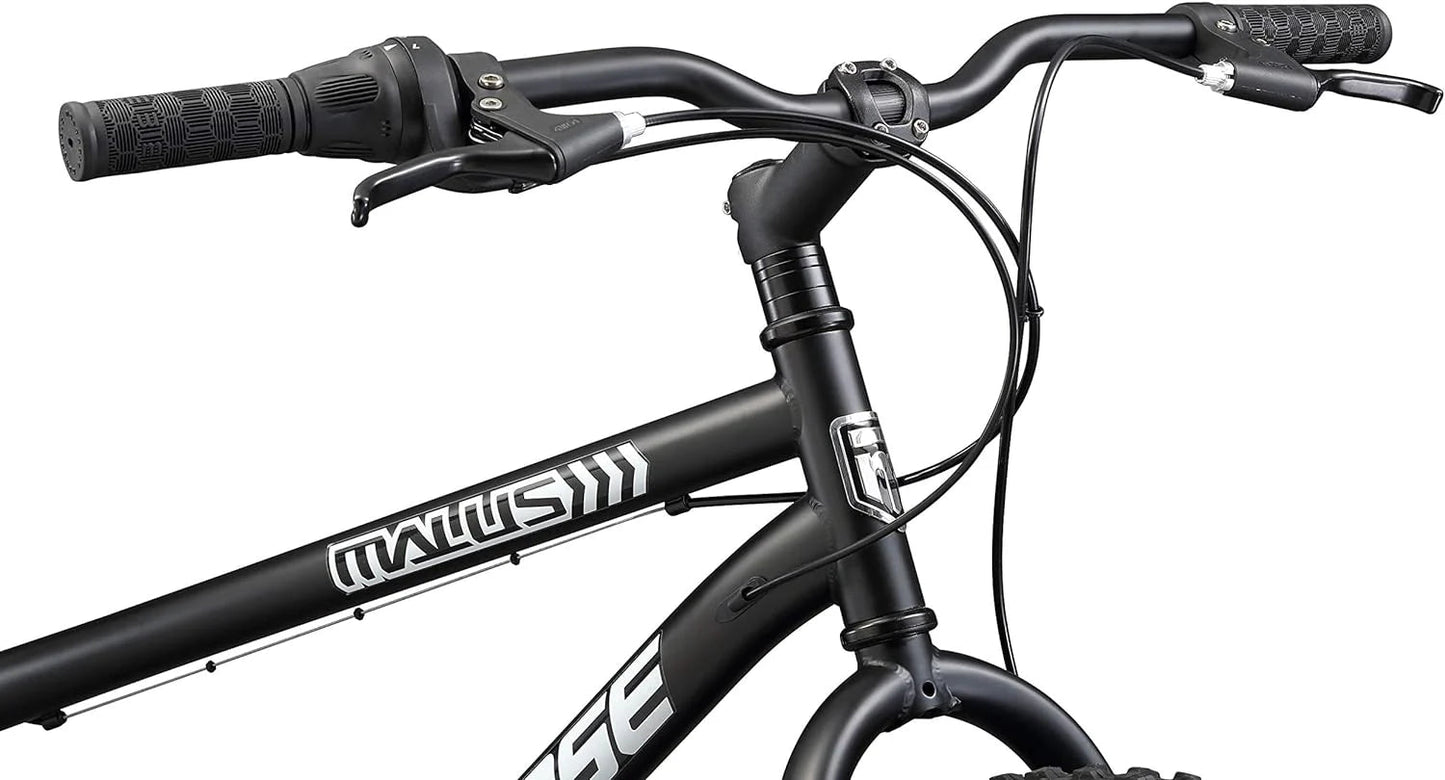 Malus Mens and Women Fat Tire Mountain Bike, 26-Inch Bicycle Wheels, 4-Inch Wide Knobby Tires, Steel Frame, 7 Speed Drivetrain, Shimano Rear Derailleur, Disc Brakes