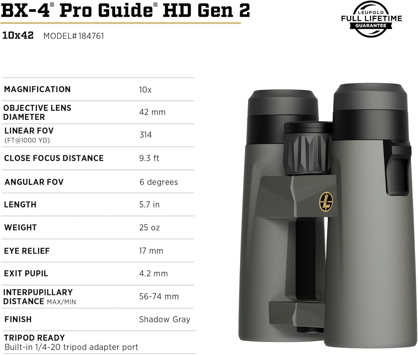 Leupold BX-4 Pro Guide HD Binoculars, 10x42mm Gen 2