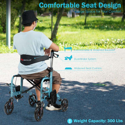 2 In 1 Rollator Walker Wheelchair Folding Medical Walker Aluminum Transport Chair Mobility Walking Aid - Comfortable And Ergonomic Design