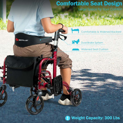 2 In 1 Rollator Walker Wheelchair Folding Medical Walker Aluminum Transport Chair Mobility Walking Aid - Comfortable And Ergonomic Design
