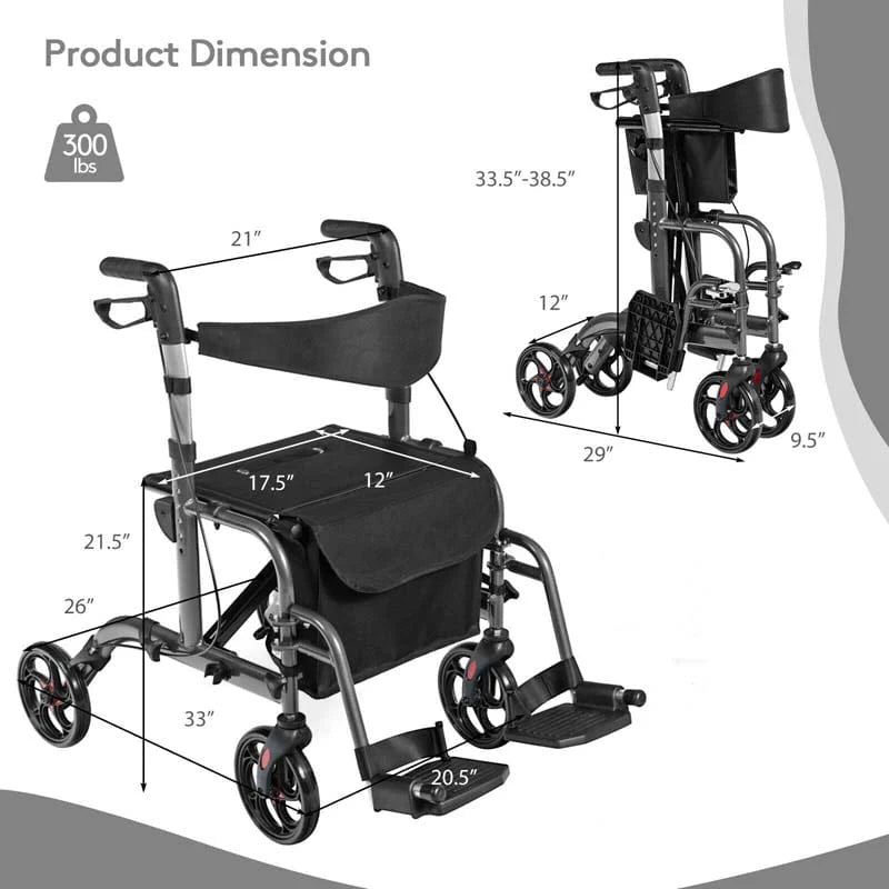 2 In 1 Rollator Walker Wheelchair Folding Medical Walker Aluminum Transport Chair Mobility Walking Aid - Comfortable And Ergonomic Design