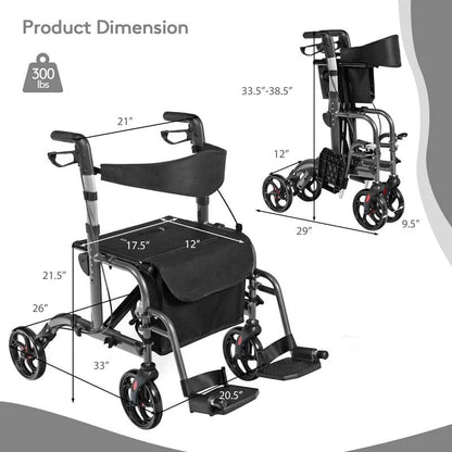 2 In 1 Rollator Walker Wheelchair Folding Medical Walker Aluminum Transport Chair Mobility Walking Aid - Comfortable And Ergonomic Design
