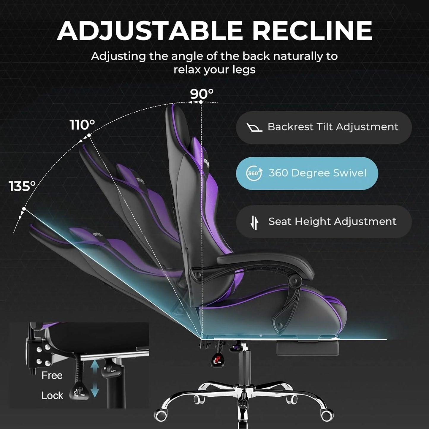 GTPLAYER Gaming Chair with Footrest and Lumbar Support Ergonomic Computer Chair with Headrest, 360 Swivel, Height Adjustable, White