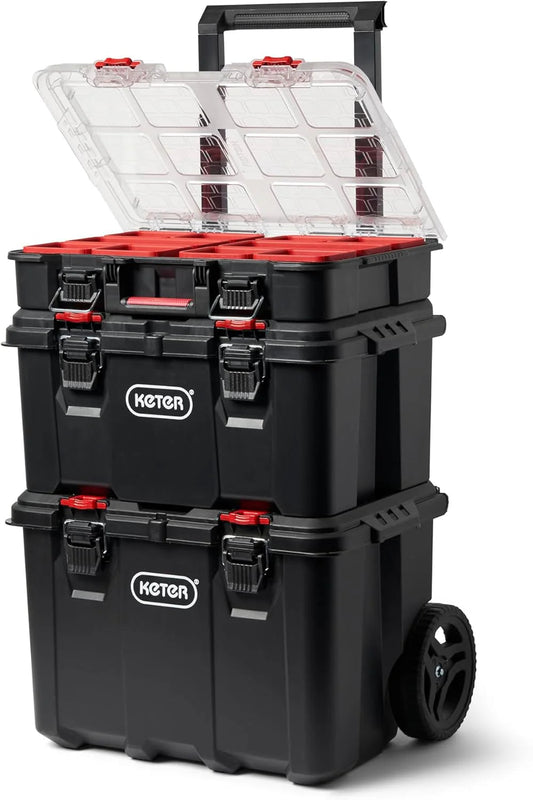 Keter Stack-n-Roll Modular Tools Organizer for Garage Storage and DIY, 3 Piece Resin Rolling Tool Box System for Small Parts