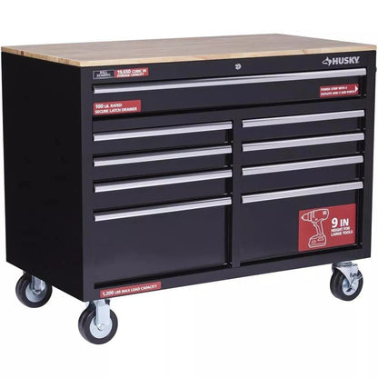 Gloss Black 46′′ 9-Drawer Mobile Tool Chest Workbench with Power Strip & Solid Wood Top