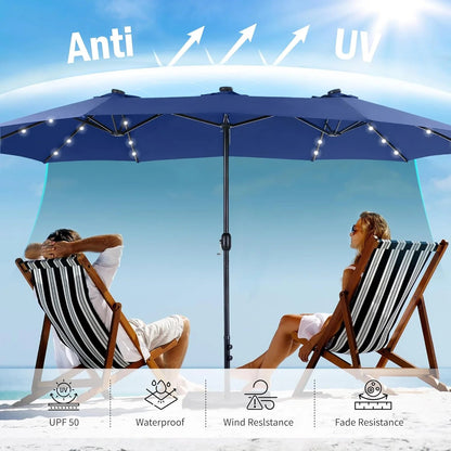 15ft Double Sided Patio Umbrella with Solar Lights, Outdoor Large Umbrellas with Crank Handle and 36 LED Lights, Rectangular Market Umbrella with Base Included for Deck Pool Shade
