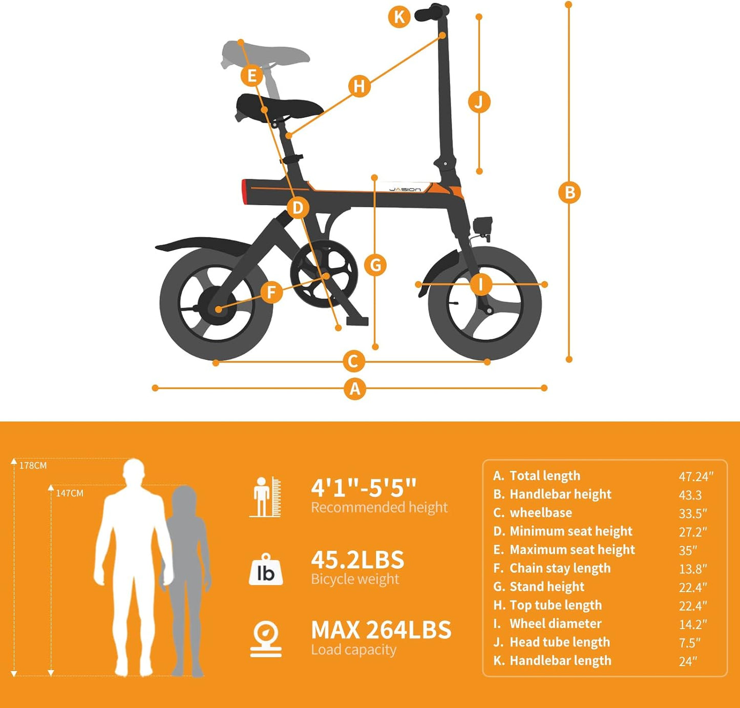 Jasion EB3 Electric Bike Adults 21mph, 500W Peak Motor, 270Wh Battery, Rear Suspension, 3 Levels Assist, 14′′ Folding Ebike for Adults and Teens, Complies to UL2849
