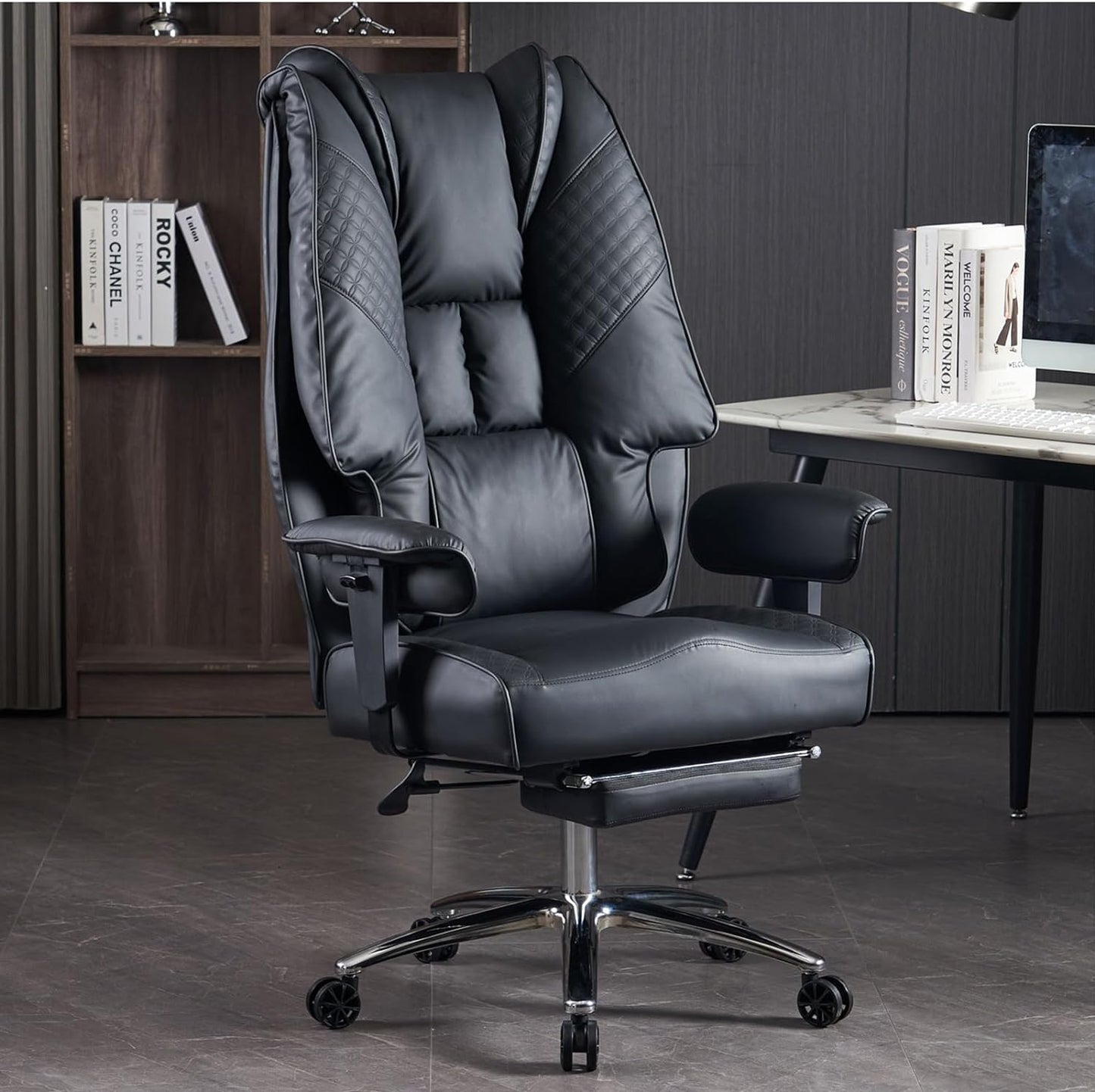 Large Tall Office Chair 400 lbs Wide Seat, Leather High Back Executive Office Chair with Footrest, Ergonomic Office Chair Lumbar Support to Relieve Lower Back Pain (Beige)