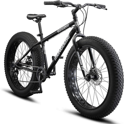 Malus Mens and Women Fat Tire Mountain Bike, 26-Inch Bicycle Wheels, 4-Inch Wide Knobby Tires, Steel Frame, 7 Speed Drivetrain, Shimano Rear Derailleur, Disc Brakes