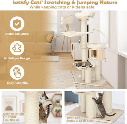 Large cat tree, multi-level tower with sisal posts, hammock, hanging basket and removable washable mats, perfect for large cats