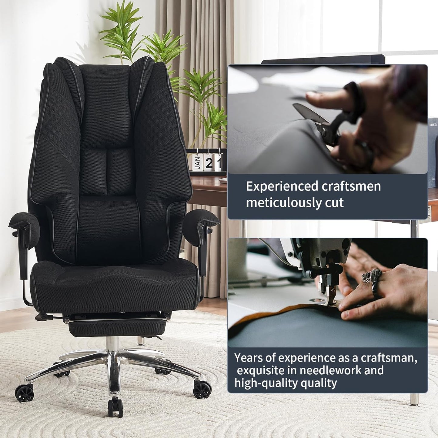 Large Tall Office Chair 400 lbs Wide Seat, Leather High Back Executive Office Chair with Footrest, Ergonomic Office Chair Lumbar Support to Relieve Lower Back Pain (Beige)
