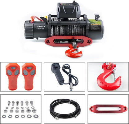 13500lb Waterproof Electric Red Synthetic Rope Winch with Hawse Fairlead, Wired Handle and 2 Wireless Remote (RED)