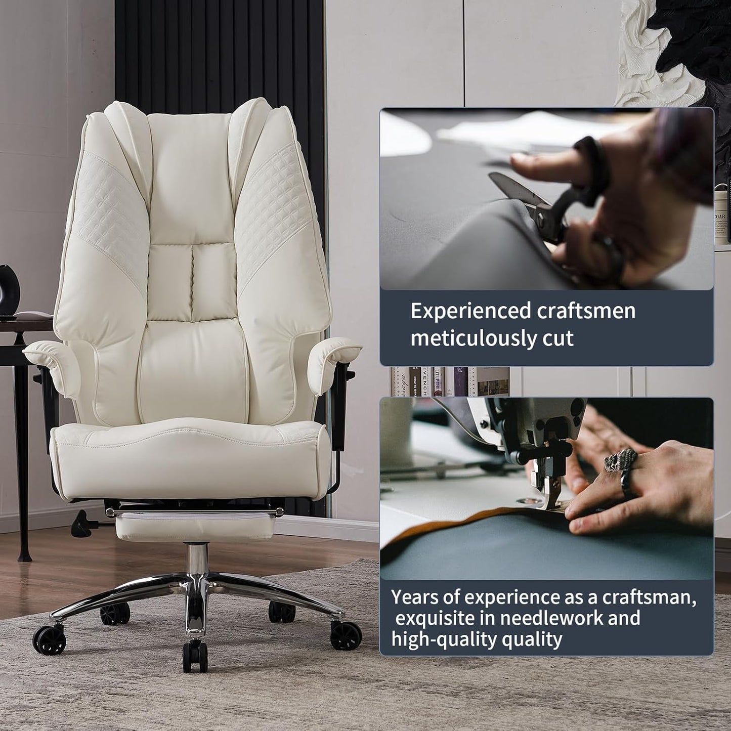 Large Tall Office Chair 400 lbs Wide Seat, Leather High Back Executive Office Chair with Footrest, Ergonomic Office Chair Lumbar Support to Relieve Lower Back Pain (Beige)