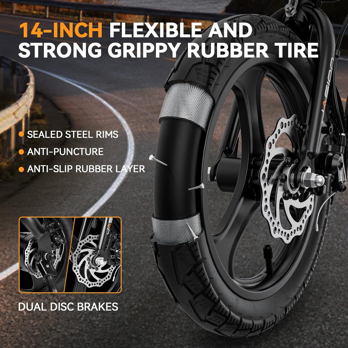 Jasion EB3 Electric Bike Adults 21mph, 500W Peak Motor, 270Wh Battery, Rear Suspension, 3 Levels Assist, 14′′ Folding Ebike for Adults and Teens, Complies to UL2849