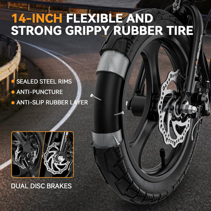 Jasion EB3 Electric Bike Adults 21mph, 500W Peak Motor, 270Wh Battery, Rear Suspension, 3 Levels Assist, 14′′ Folding Ebike for Adults and Teens, Complies to UL2849