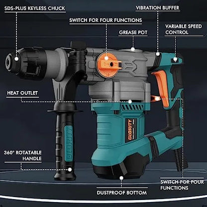 GLORITY Heavy Duty Rotary Hammer Drill with Aluminum Alloy Housing, 5 Drill Bits