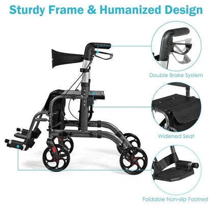 2 In 1 Rollator Walker Wheelchair Folding Medical Walker Aluminum Transport Chair Mobility Walking Aid - Comfortable And Ergonomic Design
