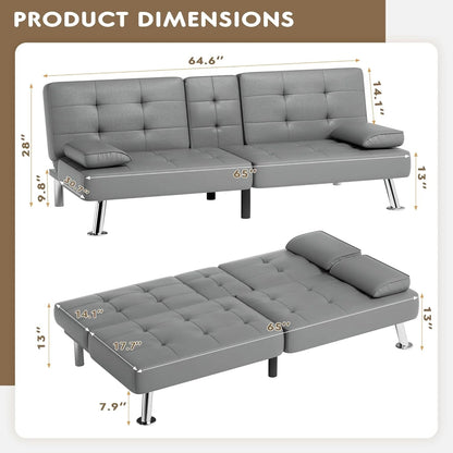 Homall Futon Sofa Bed, Leather Futon Couch with Removable Armrests, Adjustable Recliner Sleeper Sofa Bed with Dual Cup Holders for Living Room, Apartment, Office (Black)