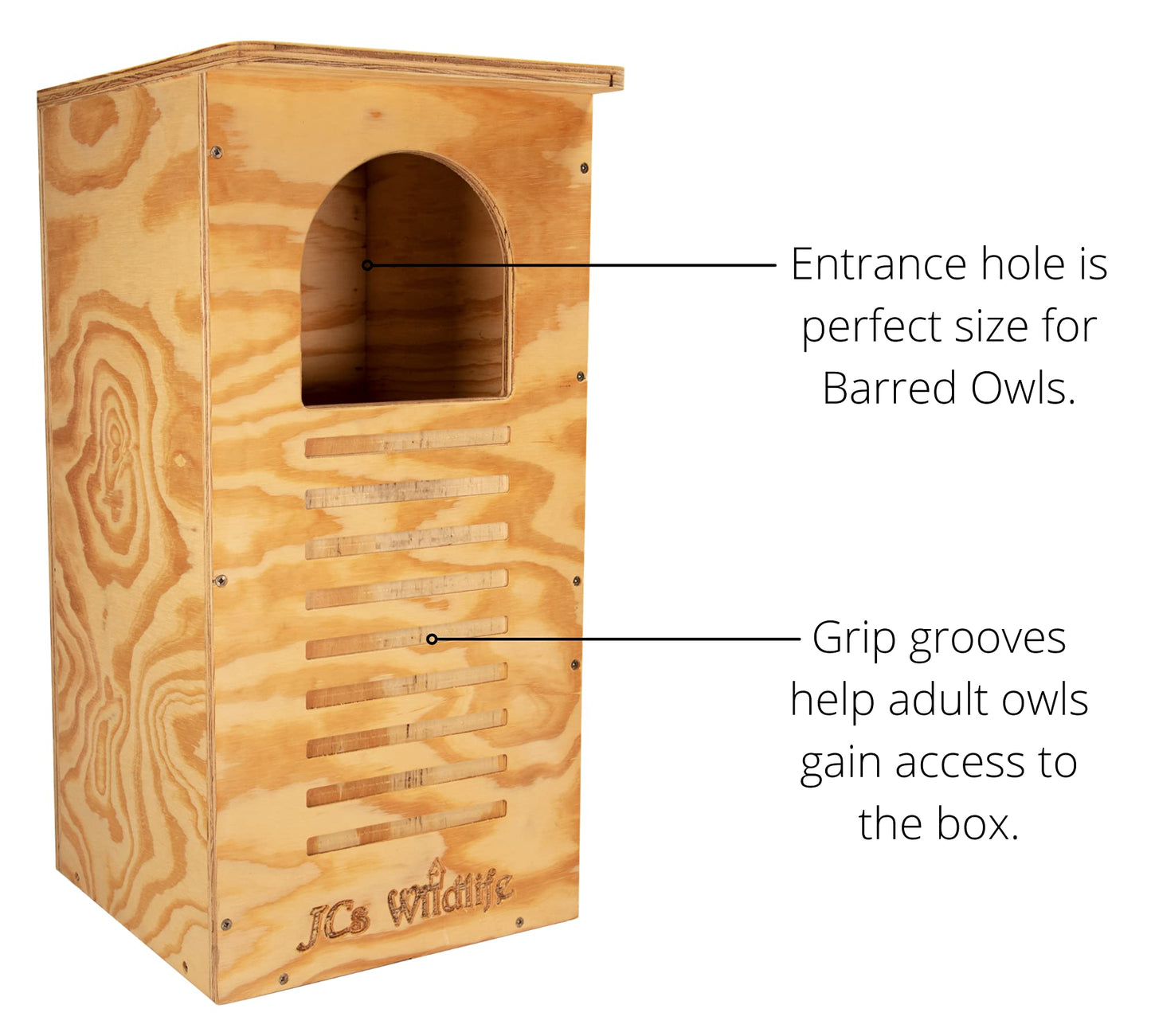 JCs Wildlife Barred Owl Nesting Box – Treated Exterior Grade Plywood – Mounting Hardware and Pine Shavings Included – Dedicated Clean Out Door for Easy Cleaning – Made in The USA