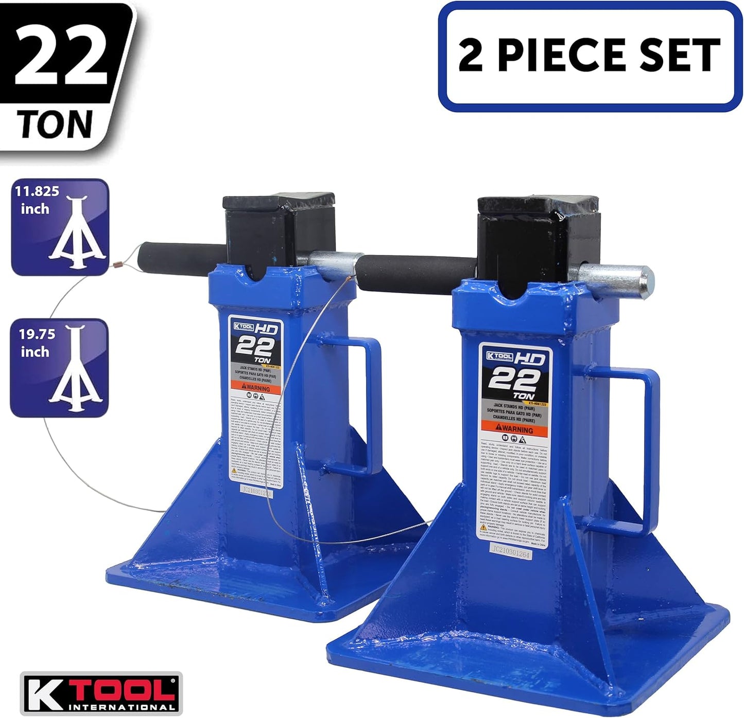 HD61222 22 Ton Automotive Jack Stands for Garages, Repair Shops, and DIY, Pin Style, V Shaped Saddle, Heavy Duty Steel Frame, Adjustable Height 11.825"- 19.725", Black/Blue, Pair