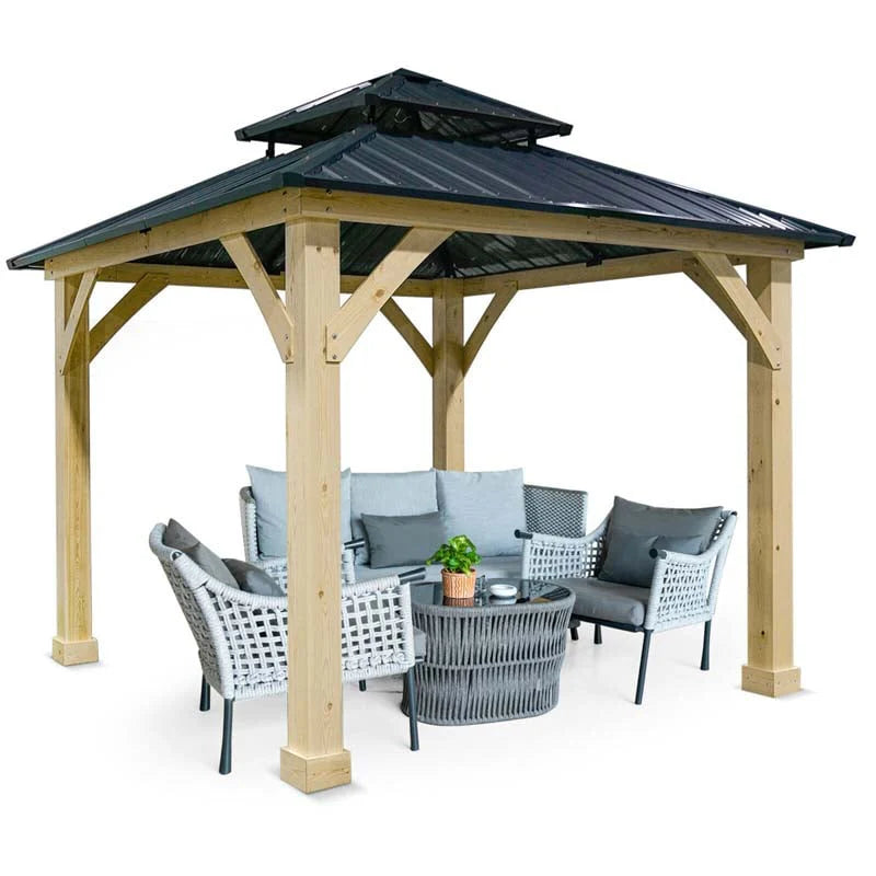 10 X 10 Ft Outdoor Patio Hardtop Gazebo With Wood Frame Amp 2 Tier Metal Roof All Weather Gazebo Pergolas Shelter