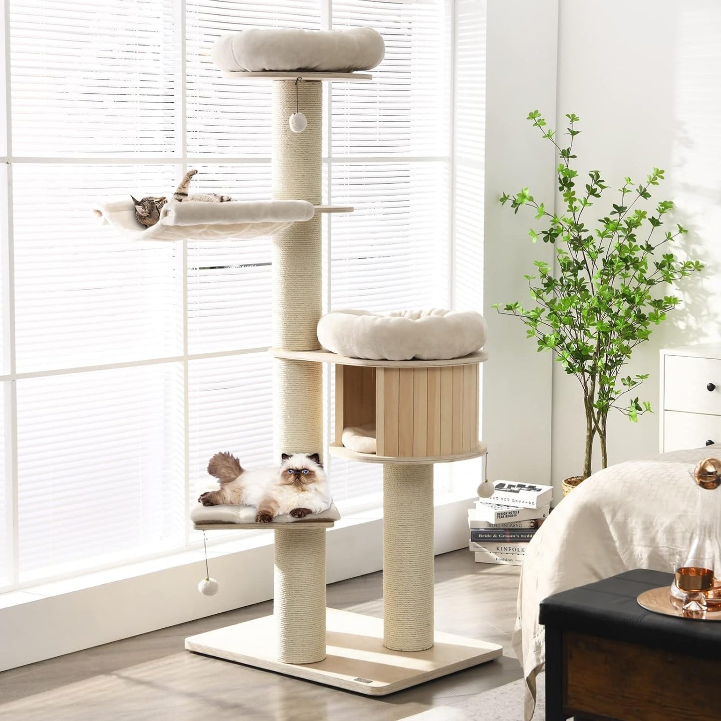 Large cat tree, multi-level tower with sisal posts, hammock, hanging basket and removable washable mats, perfect for large cats