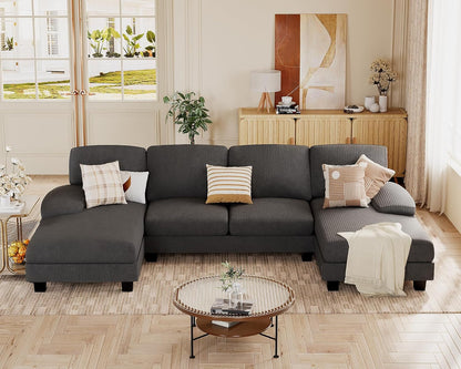 JUMMICO Sectional Couches for Living Room, U Shaped Couch with Chenille Fabric, 4 Seat Modern Sofa with Removable Pillows for Apartment and Small Space (Fabric, Grey)