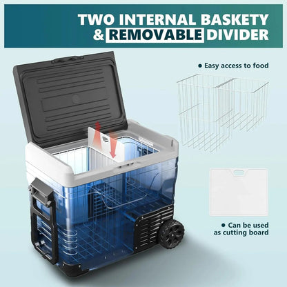 12 Volt Refrigerator, 53QT(50L) Electric Cooler, Portable Freezer 12V/24V DC 110-240V AC, 12V Fridge -4 ~68 , 12V Cooler with Wheels & 2 Baskets for Travel, Truck, Boat, Camping