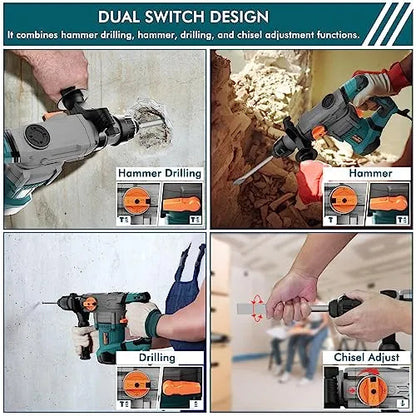 GLORITY Heavy Duty Rotary Hammer Drill with Aluminum Alloy Housing, 5 Drill Bits