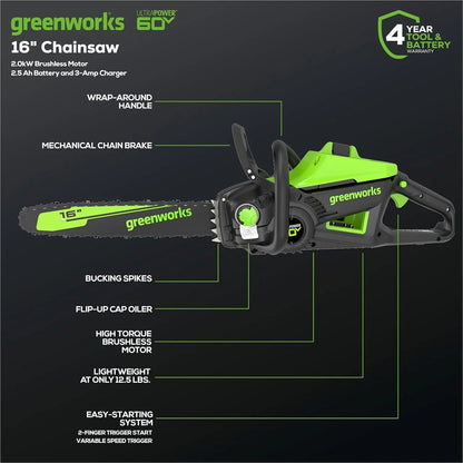 Greenworks 40V 16" Brushless Cordless Chainsaw, 4.0Ah Battery and Charger Included