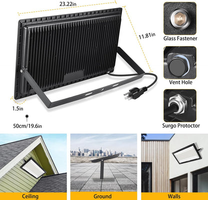 3 Pack 200W LED Flood Light,Super Bright Exterior Security Lights With Plug,IP66 Waterproof Outdoor Flood Light, 22800lm 5000K Daylight White Floodlight for Yard, Garden,Basketball Court, Arena