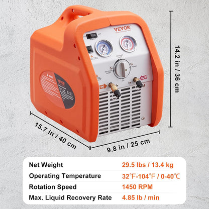 1 HP Refrigerant Recovery Machine - Dual Cylinder Portable AC Recovery Machine with High Pressure Protection 120V 60Hz Recovery Machine HVAC for Vapor Liquid Refrigerant, Car Air Conditioning