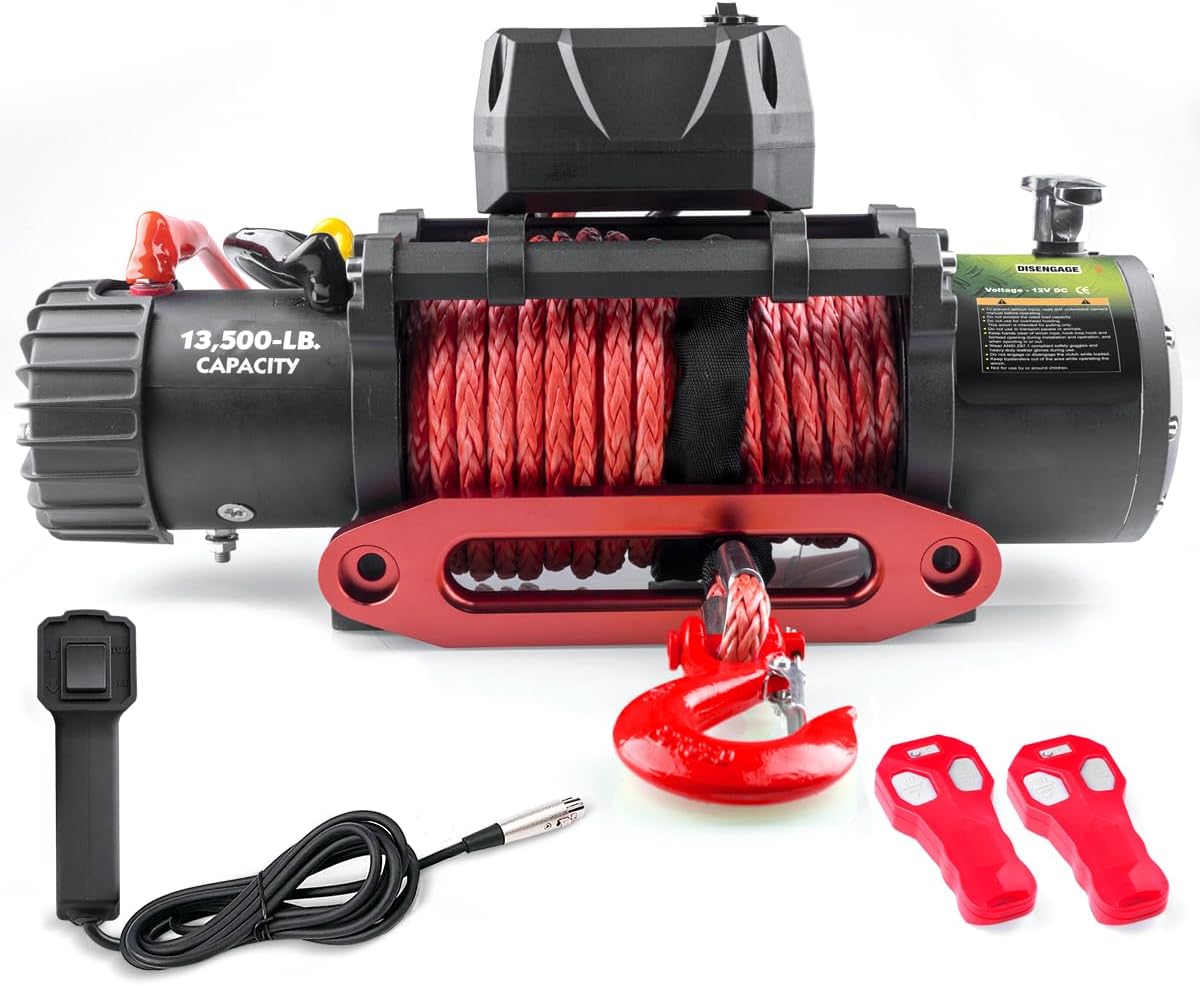 13500lb Waterproof Electric Red Synthetic Rope Winch with Hawse Fairlead, Wired Handle and 2 Wireless Remote (RED)
