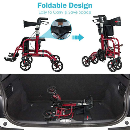 2 In 1 Rollator Walker Wheelchair Folding Medical Walker Aluminum Transport Chair Mobility Walking Aid - Comfortable And Ergonomic Design