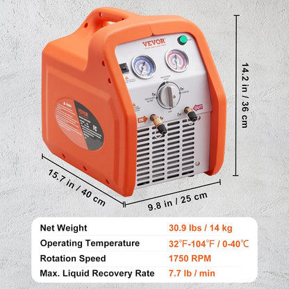 1 HP Refrigerant Recovery Machine - Dual Cylinder Portable AC Recovery Machine with High Pressure Protection 120V 60Hz Recovery Machine HVAC for Vapor Liquid Refrigerant, Car Air Conditioning