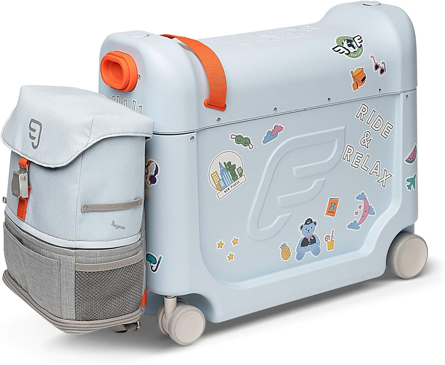 JetKids by Stokke Travel Bundle - Includes Kid's Ride-On Suitcase & In-Flight Bed + Crew BackPack - Best for Ages 3-7