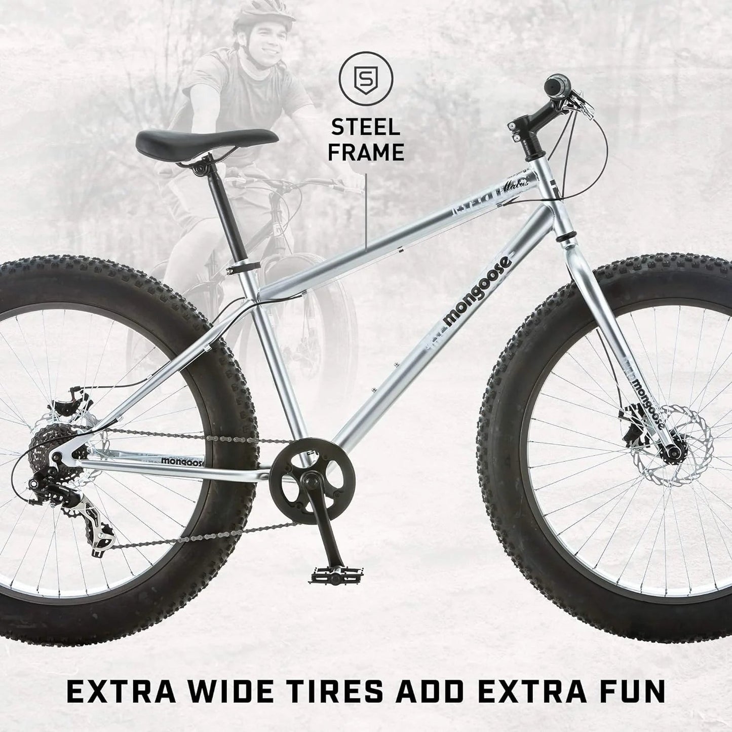 Malus Mens and Women Fat Tire Mountain Bike, 26-Inch Bicycle Wheels, 4-Inch Wide Knobby Tires, Steel Frame, 7 Speed Drivetrain, Shimano Rear Derailleur, Disc Brakes