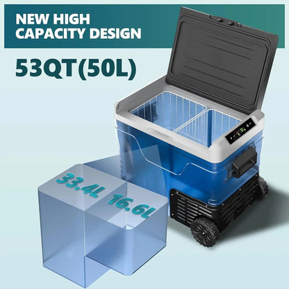 12 Volt Refrigerator, 53QT(50L) Electric Cooler, Portable Freezer 12V/24V DC 110-240V AC, 12V Fridge -4 ~68 , 12V Cooler with Wheels & 2 Baskets for Travel, Truck, Boat, Camping
