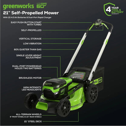Greenworks 60V 21” Cordless (Self-Propelled) Lawn Mower , 2 x 4.0Ah Batteries and Dual Port Rapid Charger sgtnighsdesigns