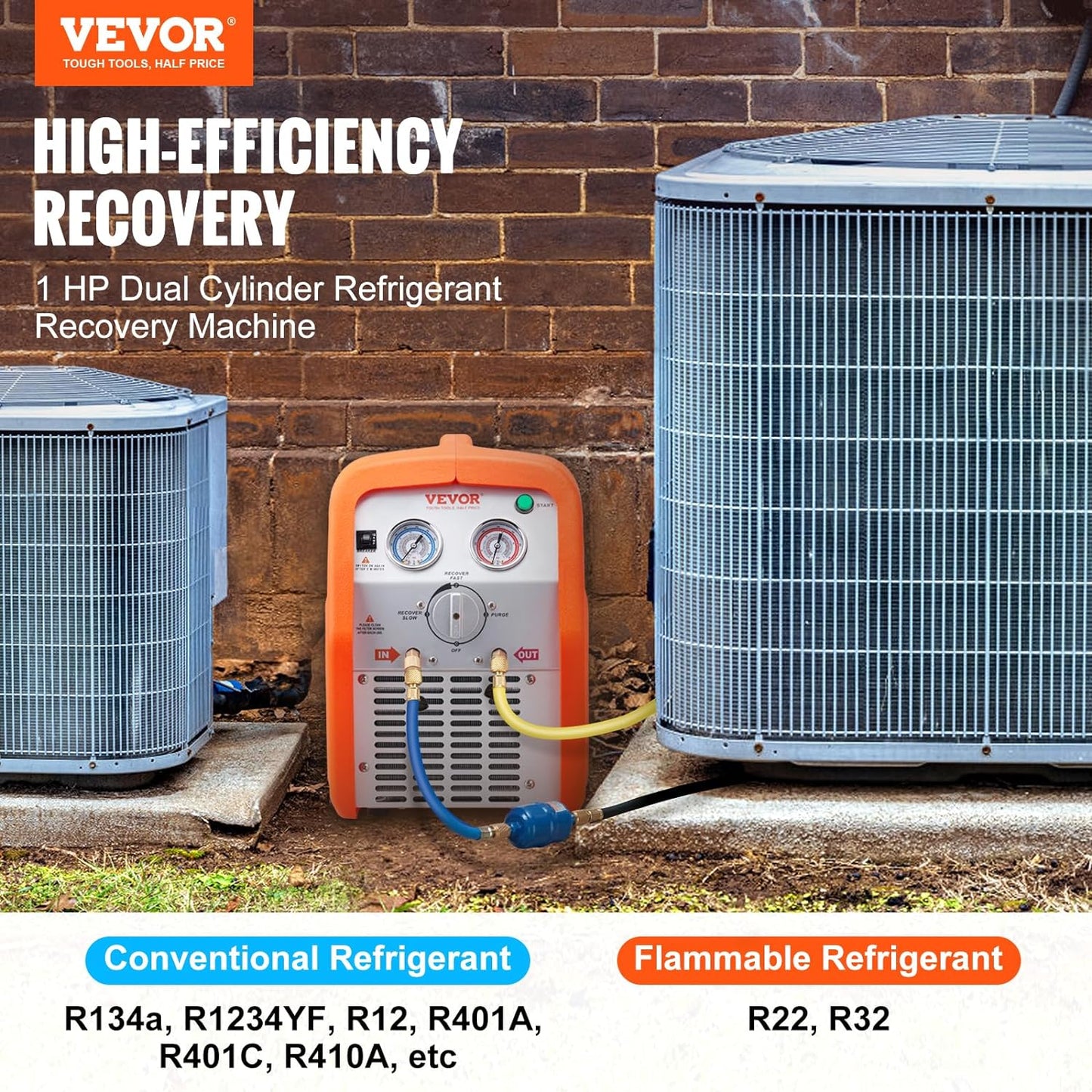 1 HP Refrigerant Recovery Machine - Dual Cylinder Portable AC Recovery Machine with High Pressure Protection 120V 60Hz Recovery Machine HVAC for Vapor Liquid Refrigerant, Car Air Conditioning